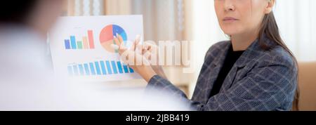 Junge Geschäftsfrau oder Führungskraft treffen sich mit einem Mitarbeiter im Konferenzraum über finanzielle und investitionsmäßige Planung und Strategie mit Tabelle A Stockfoto