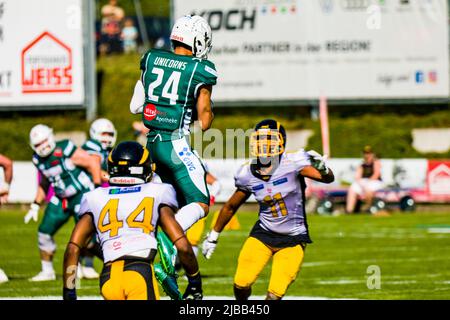 Central European Football League, CEFL-Halbfinale. 04.Juni 2022 ,Shwaebish Halls # 24 Mitch Fettig / Schwäbisch Hall Unicorns Stockfoto