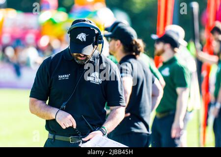 Central European Football League, CEFL-Halbfinale. 04.Juni 2022 ,Shwaebish Hall Jordan Neuman / Head Coach der Schwäbisch Hall Unicorns Stockfoto