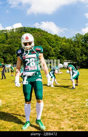 Central European Football League, CEFL-Halbfinale. 04.Juni 2022 ,Shwaebish Hall CB # 28 Jan Klenk / Schwäbisch Hall Unicorns Stockfoto