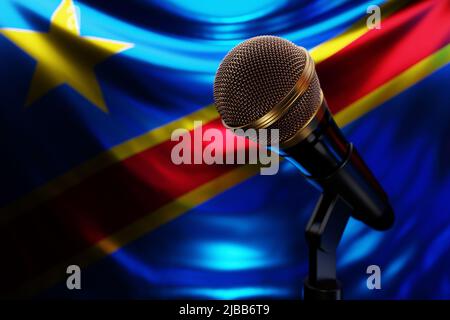 Mikrofon auf dem Hintergrund der Nationalflagge der Demokratischen Republik Kongo, realistische 3D Illustration. Musikpreis, Karaoke, Radio und Reco Stockfoto