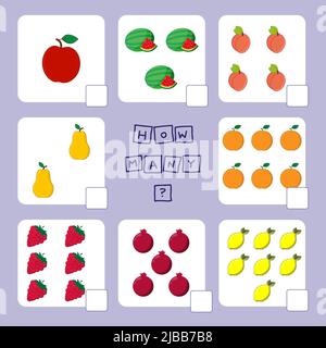 Wie viele Zählspiel mit Früchten. Arbeitsblatt für Kinder im Vorschulalter, Aktivitätsblatt für Kinder, druckbares Arbeitsblatt Stockfoto