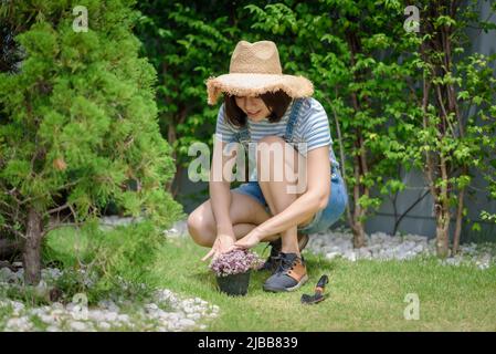 Eine asiatische Gärtnerin pflanzt Blumen in den Blumentopf. Stockfoto