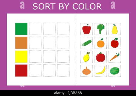 Verbinden Sie den Namen der Farbe und den Charakter des Gemüses und der Früchte. Logikspiel für Kinder. Stockfoto
