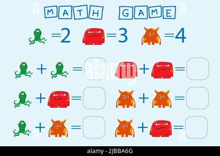 Zählen Spiel mit Monstern. Arbeitsblatt für Vorschulkinder, Aktivitätsblatt für Kinder, druckbares Arbeitsblatt Stockfoto