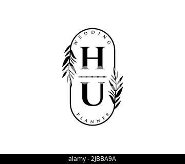 HU Initialen Brief Hochzeit Monogram Logos Kollektion, handgezeichnete moderne minimalistische und florale Vorlagen für Einladungskarten, Save the Date, elegant Stock Vektor