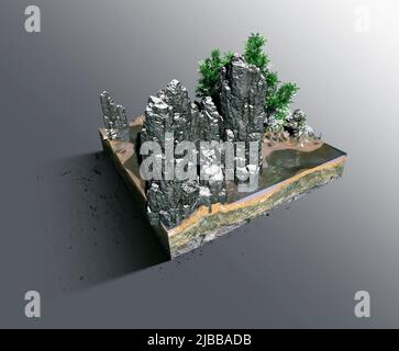 Red Rock Mountains mit Bäumen auf schwimmenden Landstücken. 3D Rendering von natürlichem Grün mit Felsen. Stockfoto