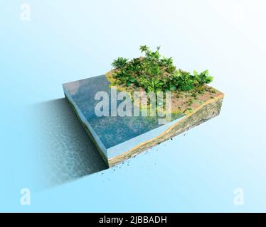 Schwimmendes Stück tropisches Dschungelland am Meer. 3D Rendering von Fantasy-Stück mit natürlichen Grüns. Stockfoto