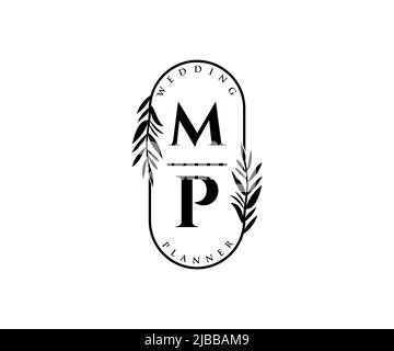 MP Initials Letter Hochzeit Monogram Logos Kollektion, handgezeichnete moderne minimalistische und florale Vorlagen für Einladungskarten, Save the Date, elegant Stock Vektor