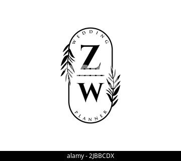 ZW Initialen Brief Hochzeit Monogramm Logos Kollektion, handgezeichnete moderne minimalistische und florale Vorlagen für Einladungskarten, Save the Date, elegant Stock Vektor