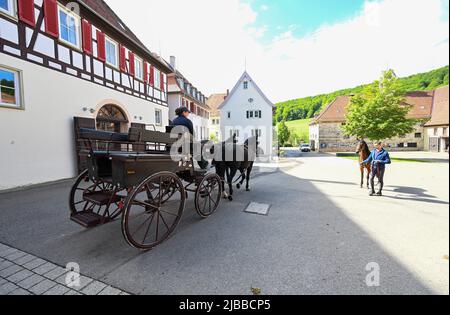 Gomadingen, Deutschland. 25.. Mai 2022. Eine Kutsche fährt auf dem Gelände des Landgestüts Marbach. Das Landgestüt Marbach ist mehr als 500 Jahre alt. Im Laufe der Zeit waren viele Anpassungen notwendig und neue Aufgaben wurden hinzugefügt. Neben der Erhaltung gefährdeter Pferderassen gibt es noch weitere Herausforderungen. (To dpa: Marbach State Stud Faces Cuts - Generationswechsel, Öko und KI) Quelle: Bernd Weißbrod/dpa/Alamy Live News Stockfoto