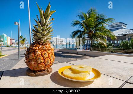 Pina Colada, traditioneller karibischer Alkoholcocktail auf Basis von Rum mit Kokosmilch und Ananassaft, auf der Straße Stockfoto