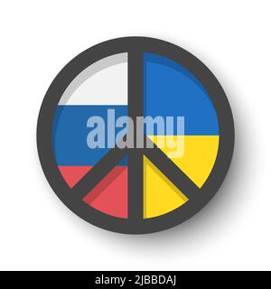 Friedenssymbol mit der flagge russlands und der ukraine. Die Kampagne für nukleare Abrüstung (CND) unterzeichnen . Flaches Design. Pazifist und kein Kriegskonzept . Vektor-Abb. Stock Vektor