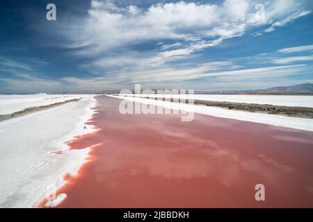 Das Wasser in Salzverdunstungsteichen erhält aufgrund von Dunaliella salina, einem halophilen Mikroorganismus, einen rosa Farbton. Stockfoto