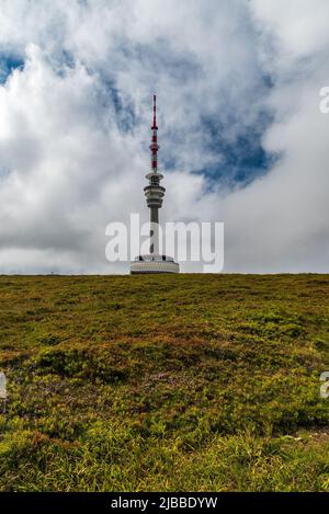 Praded Hill Summit mit Kommunikationsturm und Bergwiese im Jeseniky Gebirge in Tschechien Stockfoto