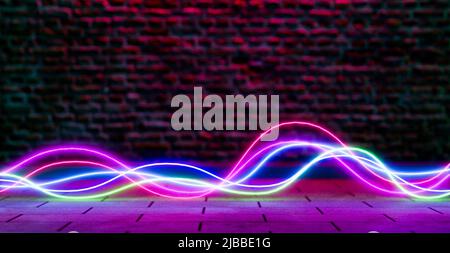 Neonlicht-Linie auf der Straße und Ziegelmauer, 3D Abbildungen Rendering Stockfoto