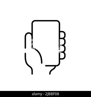Hand hält ein Smartphone-Modell. Pixel-perfektes, bearbeitbares Strichsymbol Stock Vektor