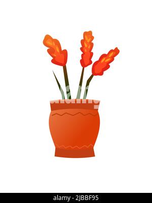Rote Zimmerpflanzen und Blumen. In Keramiktöpfen. Hausgemachte schöne Kräuter. Isoliert auf weißem Hintergrund. Witziger Cartoon-Style. Vektor Stock Vektor