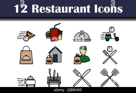 Symbol Für Restaurant Gesetzt. Editierbare Fett Formatigte Kontur Mit Farbfüllungsdesign. Vektorgrafik. Stock Vektor