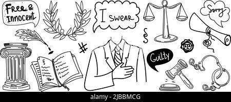 Set mit Symbolen für Recht und Gerechtigkeit, handgezeichnet im Sketch-Doodle-Stil. Gerechtigkeit. Gericht. Eid. Zeugnis. Die Waage der Gerechtigkeit. Dokumente. Absätze Stock Vektor
