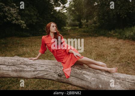 Eine junge und schöne Frau in einem roten Sommerkleid mit weißen Flecken, die auf einer Seite eines gefallenen trockenen Baumstamms mitten im Wald liegt Stockfoto