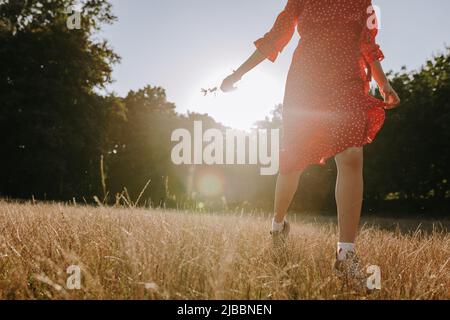 Weibliche Person, die auf der trockenen Graswiese läuft und eine einzelne Blume in der Hand hält Stockfoto