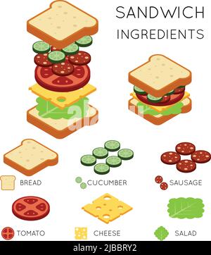 Vector Sandwich-Zutaten im isometrischen Stil von 3D. Sandwich-Illustration, Food Sandwich, Design american Sandwich Burger Stock Vektor