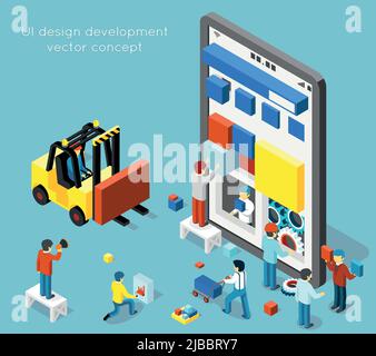 Smartphone UI Design Entwicklung Vektor-Konzept in flachen 3D isometrischen Stil. Entwicklung Smartphone, Technologie ui Illustration Stock Vektor