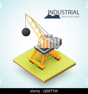 3D isometrischer Bagger und Kran mit Abrisskugel für Abrissgebäude Komposition Vektor Illustration Stock Vektor