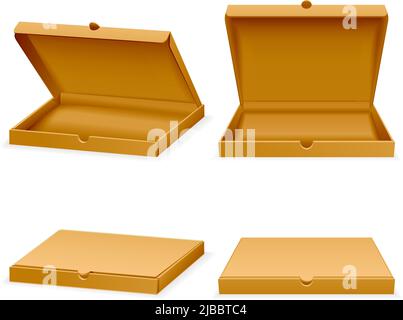 Vector isometrische Pizza Karton. Öffnen und Schließen realistische leere Verpackung für den Transport von Fast Food Illustration Stock Vektor