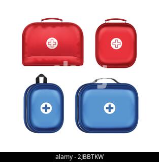 Vector Set aus verschiedenen blauen und roten Verbandskasten mit einem Kreuz auf weißem Hintergrund Stock Vektor