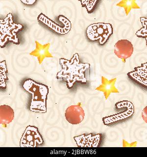 Weihnachten und Neujahr nahtlose Muster mit bunten Kugeln Schneeflocken Fäustlinge Süßigkeiten Socken und helle Sterne Vektor Illustration Stock Vektor