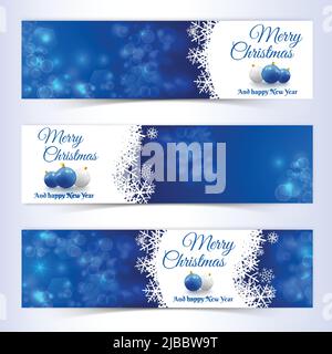 Flacher Satz von horizontalen Neujahr und weihnachten Banner mit Kugeln und Schneeflocken isoliert Vektor-Illustration dekoriert Stock Vektor