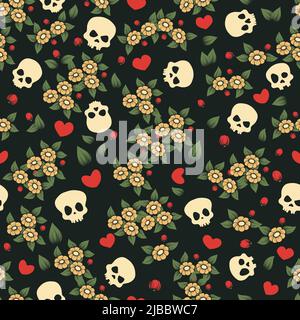 Totenköpfe und Herzen mit Blumenmuster Stock Vektor