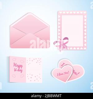 Valentines lieben Set von flachen Briefumschlägen Postkarten und Valentinstag in weißen und rosa Farben in niedlichen romantischen Design isoliert auf hellblauem Hintergrund vecto Stock Vektor