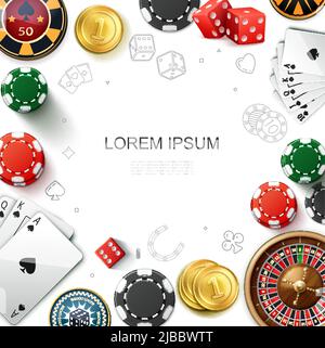 Realistische Casino Glücksspiel Vorlage mit Roulette Rad spielen Karten Spiel Chips Würfel und Goldmünzen Vektor Illustration Stock Vektor