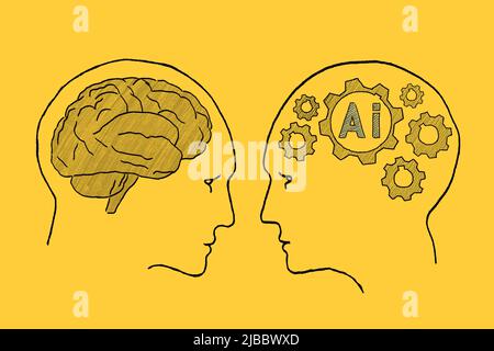 Menschliche Intelligenz vs. Künstliche Intelligenz. Von Angesicht zu Angesicht. Duell der Ansichten. Stockfoto