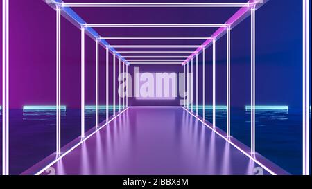 Futuristische Architektur Sci-Fi-Flur und Korridor-Tunnel mit Neonlicht Hintergrund, 3D Rendering Stockfoto
