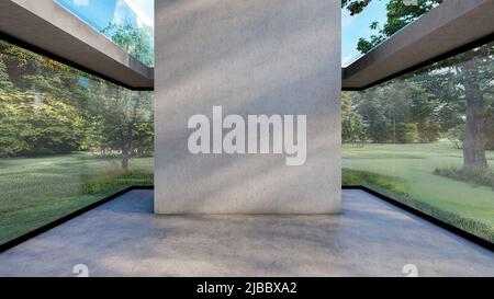 Leerer Zementsaal mit leerer Wand im Klarglas-Gebäude mit Blick auf den Garten, 3D Rendering Stockfoto