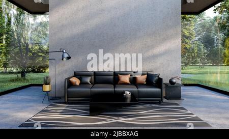 Wohnzimmer-Interieur in modernem Loft Zement Zimmer mit leerer Zementwand und klarem Glasfenster mit Blick auf den Garten, 3D Rendering Stockfoto