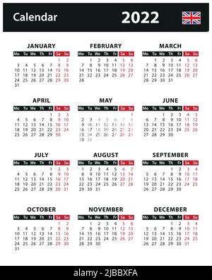 2022 Kalender - Vektorgrafik Stock. Englische Version Stock Vektor