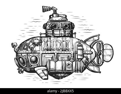 Vintage U-Boot im Meer gezeichnet in Gravur-Stil. Handgezeichnete Retro Tiefsee-Bathyscaphe-Skizze. Vektorgrafik Stock Vektor