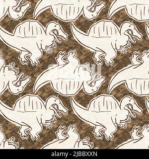 Braunes, handgezeichnetes Spinosaurus-Dinosaurier-Nahtloses Muster. Gender Neutral Jurassic fossile Silhouette für Baby-Nursery. Home Dekor für Museum, Aussterben Stockfoto