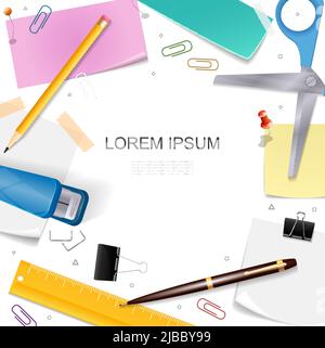 Realistische Briefpapier helle Vorlage mit Schere Stift Stift Lineal Hinweis Aufkleber Push Pins Binder Clips Hefter Vektor Illustration Stock Vektor