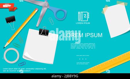 Realistische Büro Briefpapier Vorlage mit leerem Papier Notizen Schere Bleistift Lineal Klebeband Binder Clips auf türkisfarbenem Hintergrund Vektor illustrati Stock Vektor