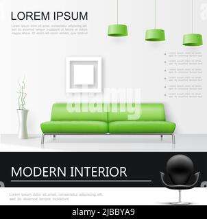 Realistisches Wohnzimmerinnenkonzept mit grünem Sofa und Lampen Pflanzen in Vase und dekorativen Fotorahmen auf Wand Vektor-Illustration Stock Vektor