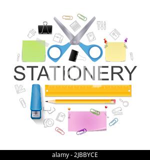 Realistische Büro Schreibwaren rund Konzept mit Schere Hefter Bleistift Lineal bunte Notiz Aufkleber Binder Clip Pushpins Vektor-Illustration Stock Vektor