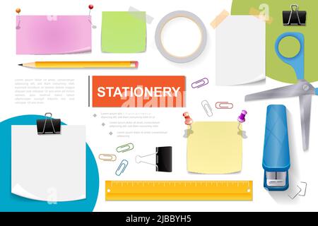 Realistische Schreibwaren Elemente Zusammensetzung mit leerem Papier Blätter Lineal Push Pins Schere Hefter Bleistift Binder Clip Klebeband Aufkleber Vektor il Stock Vektor