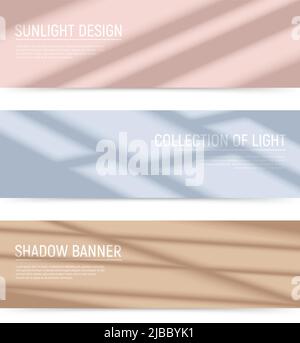 Drei realistische horizontale Banner mit Schatten auf farbigen Oberflächen isoliert Vektor-Illustration Stock Vektor