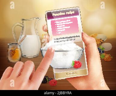 Realistischer Hintergrund mit Händen halten Smartphone und mit Augmented-Reality-Anwendung beim Kochen Pfannkuchen Vektordarstellung Stock Vektor